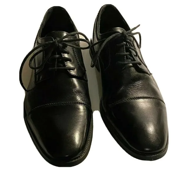 ASHER GREEN Mens Size 10 Black Leather Cap Toe Lace Up Oxfords Dress Shoes Work