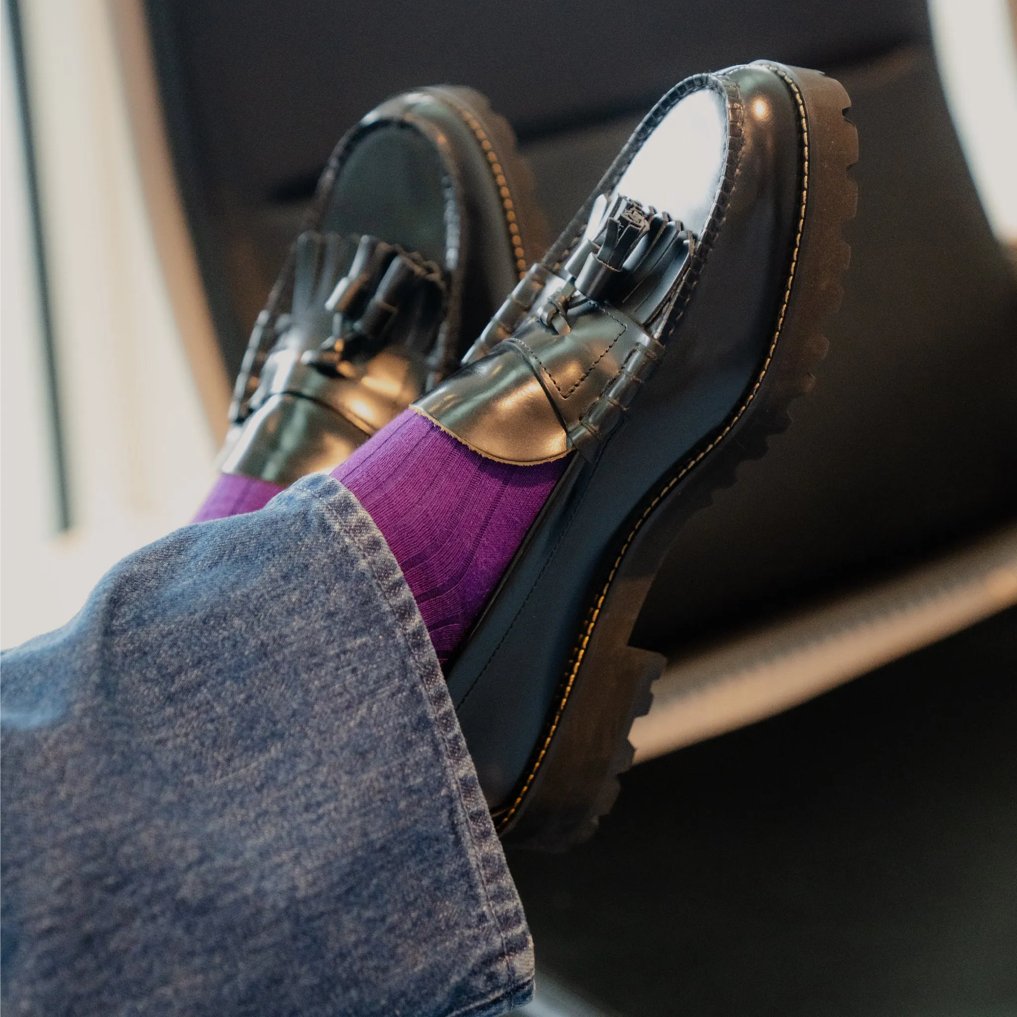 【B-Grade】MENS TANK SOLE QUILT TASSEL LOAFERS / BLACK