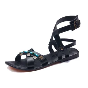 Black Leather Wrap Sandals For Womens