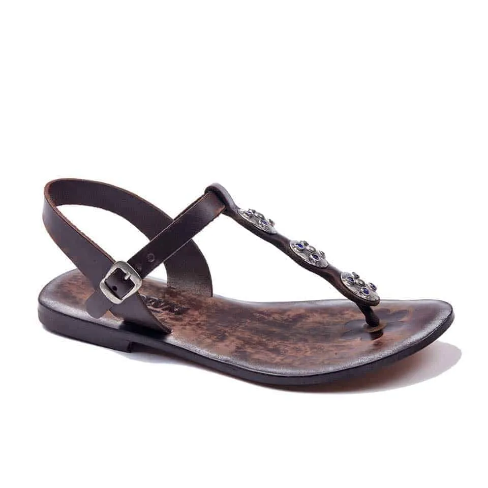 Brown Leather T Strap Sandals For Womens