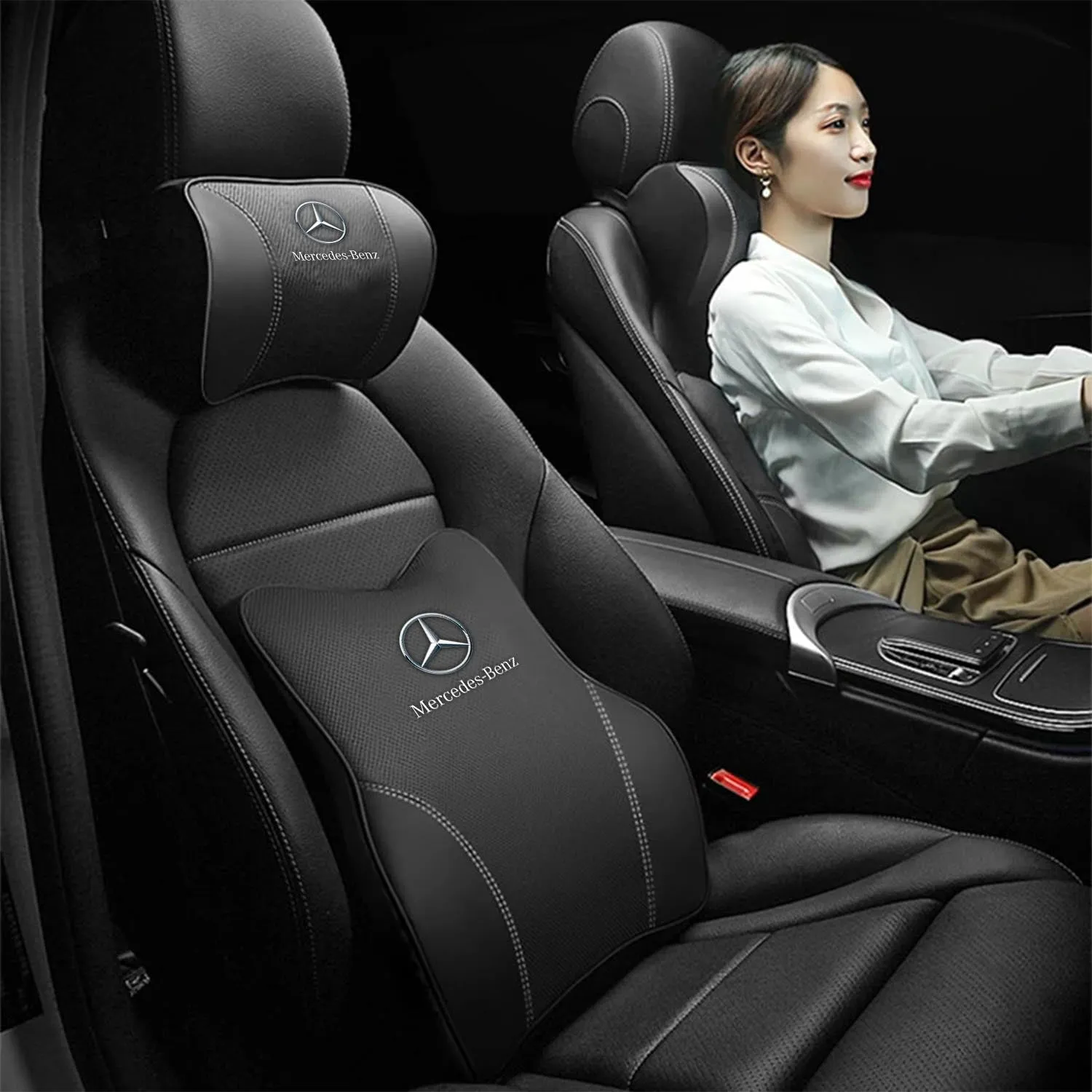 Car Headrest Neck Pillow and Lumbar Support Back Cushion Kit, Custom Fit For Your Cars, Memory Foam Erognomic, Car Accessories MB13992