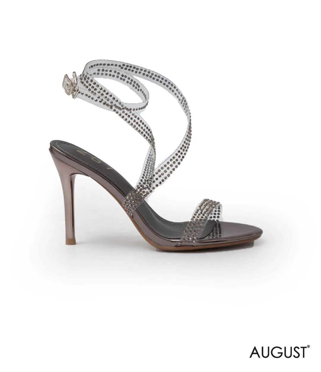 CRYSTAL-EMBELLISHED SILVER STRAPPY HIGH-HEELED SANDAL