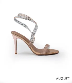 CRYSTAL-EMBELLISHED SILVER STRAPPY HIGH-HEELED SANDAL