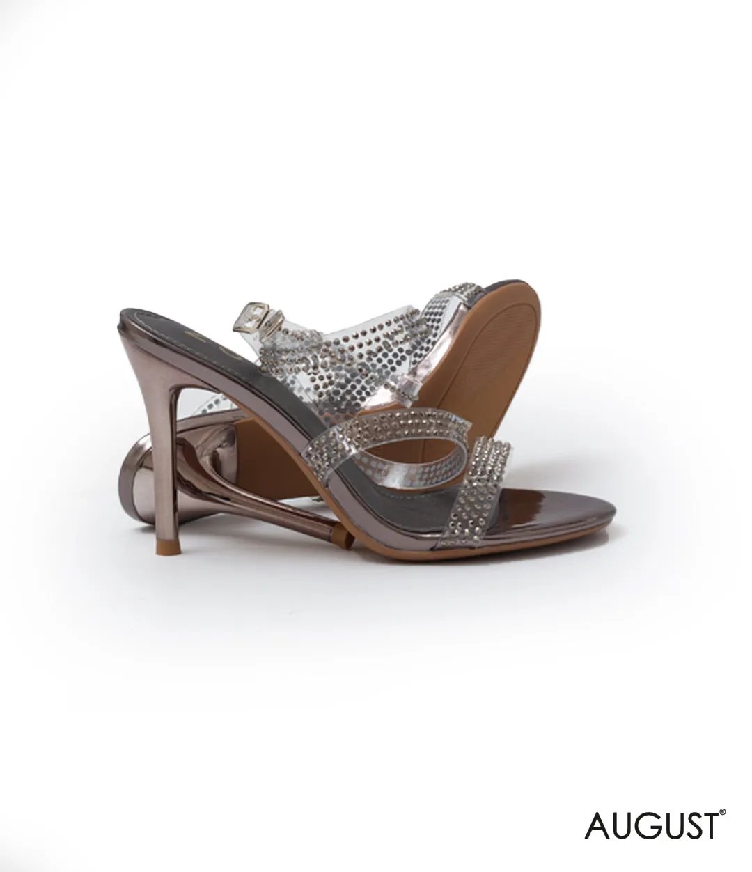 CRYSTAL-EMBELLISHED SILVER STRAPPY HIGH-HEELED SANDAL