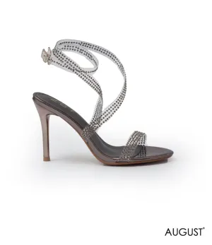 CRYSTAL-EMBELLISHED SILVER STRAPPY HIGH-HEELED SANDAL