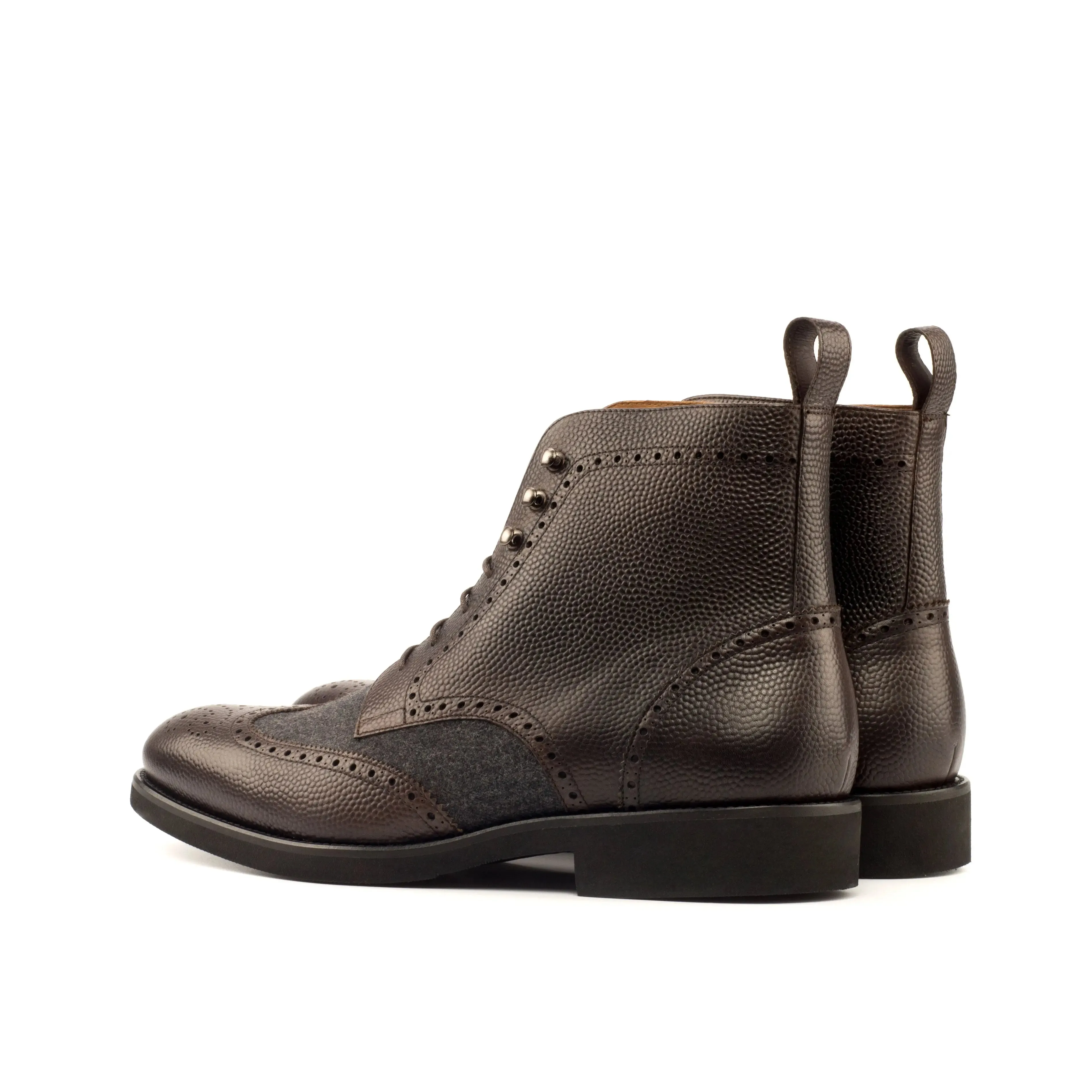 DapperFam Valiant in Dark Brown / Dark Grey Men's Flannel & Italian Pebble Grain Leather Military Brogue