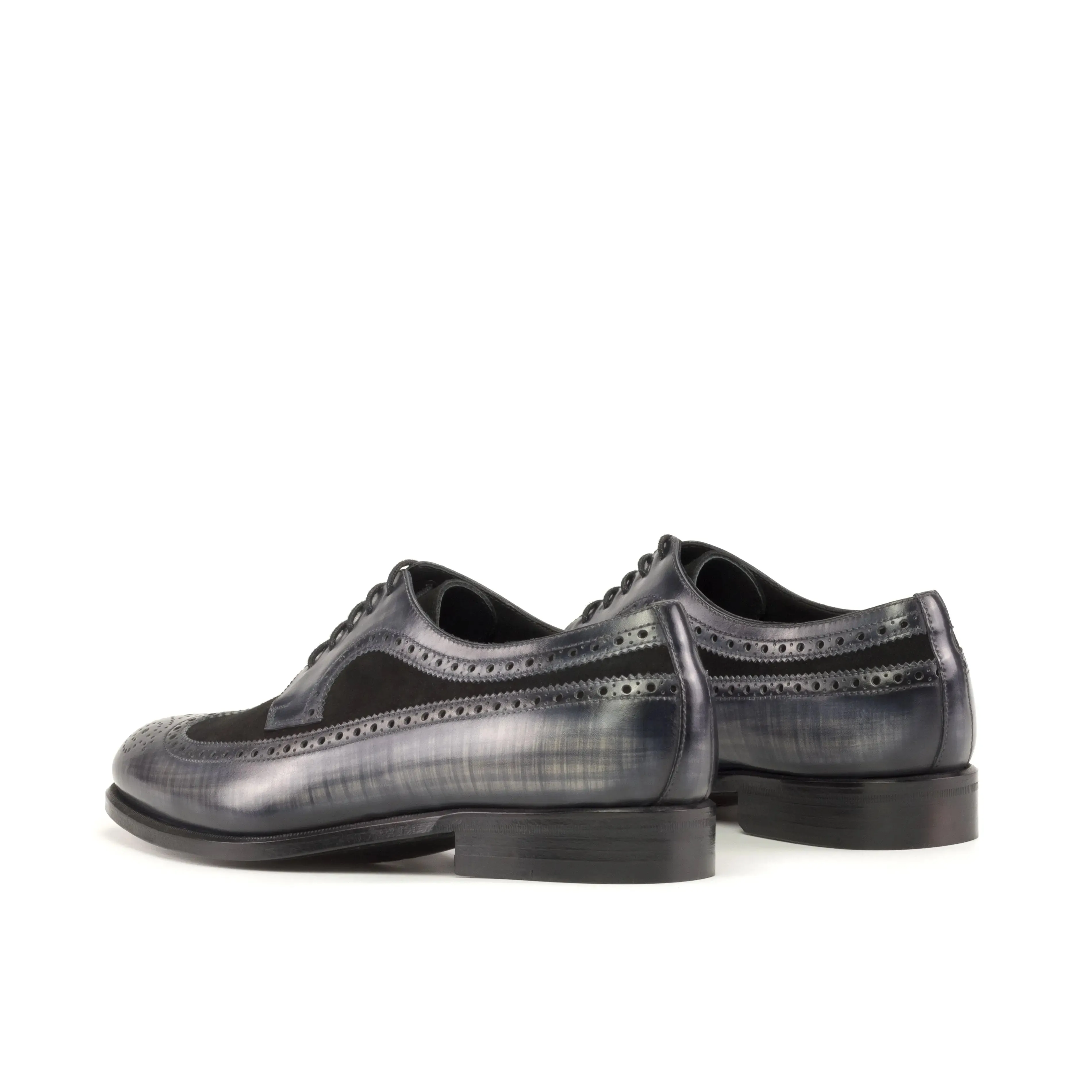 DapperFam Zephyr in Black / Grey Men's Italian Suede & Hand-Painted Patina Longwing Blucher