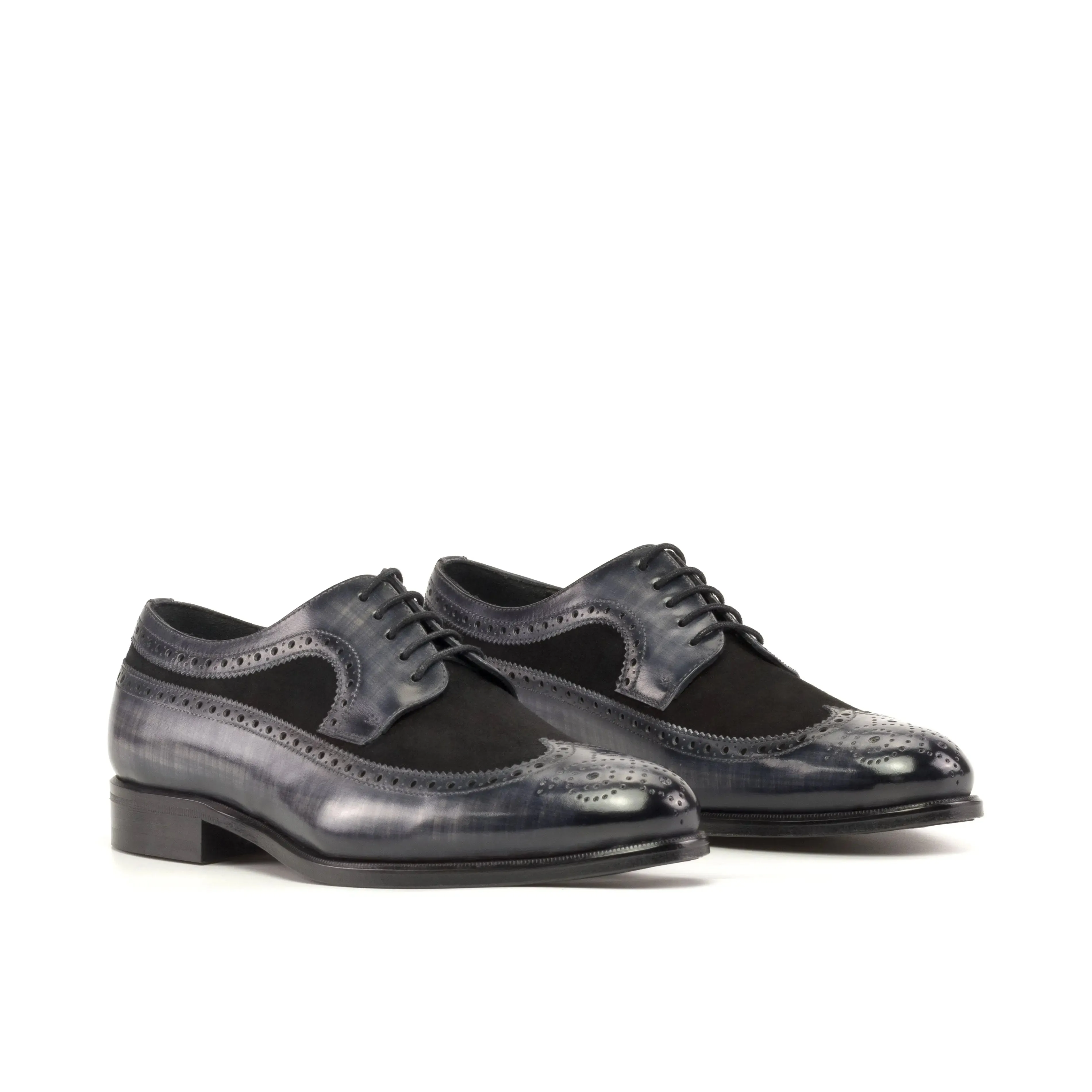DapperFam Zephyr in Black / Grey Men's Italian Suede & Hand-Painted Patina Longwing Blucher