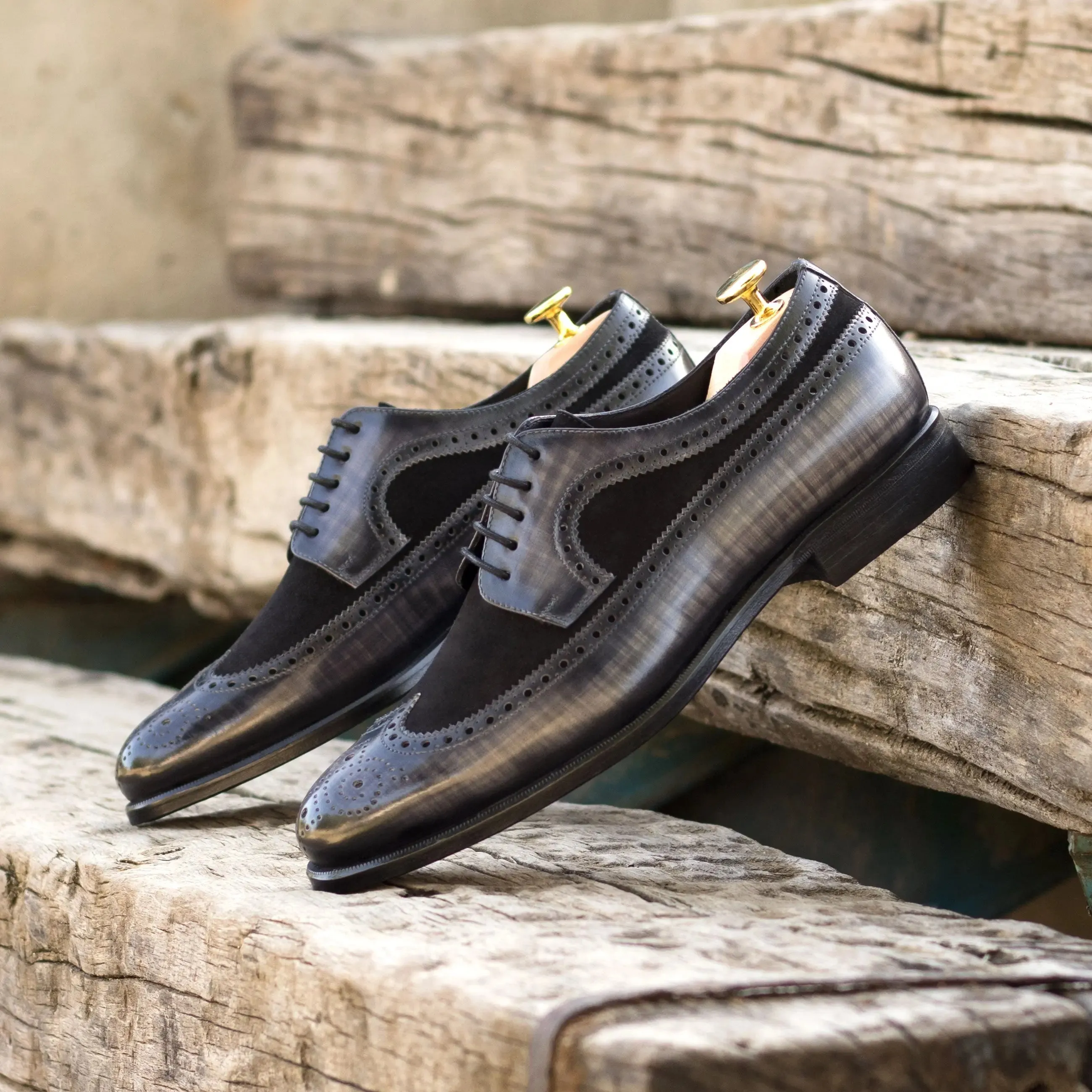 DapperFam Zephyr in Black / Grey Men's Italian Suede & Hand-Painted Patina Longwing Blucher