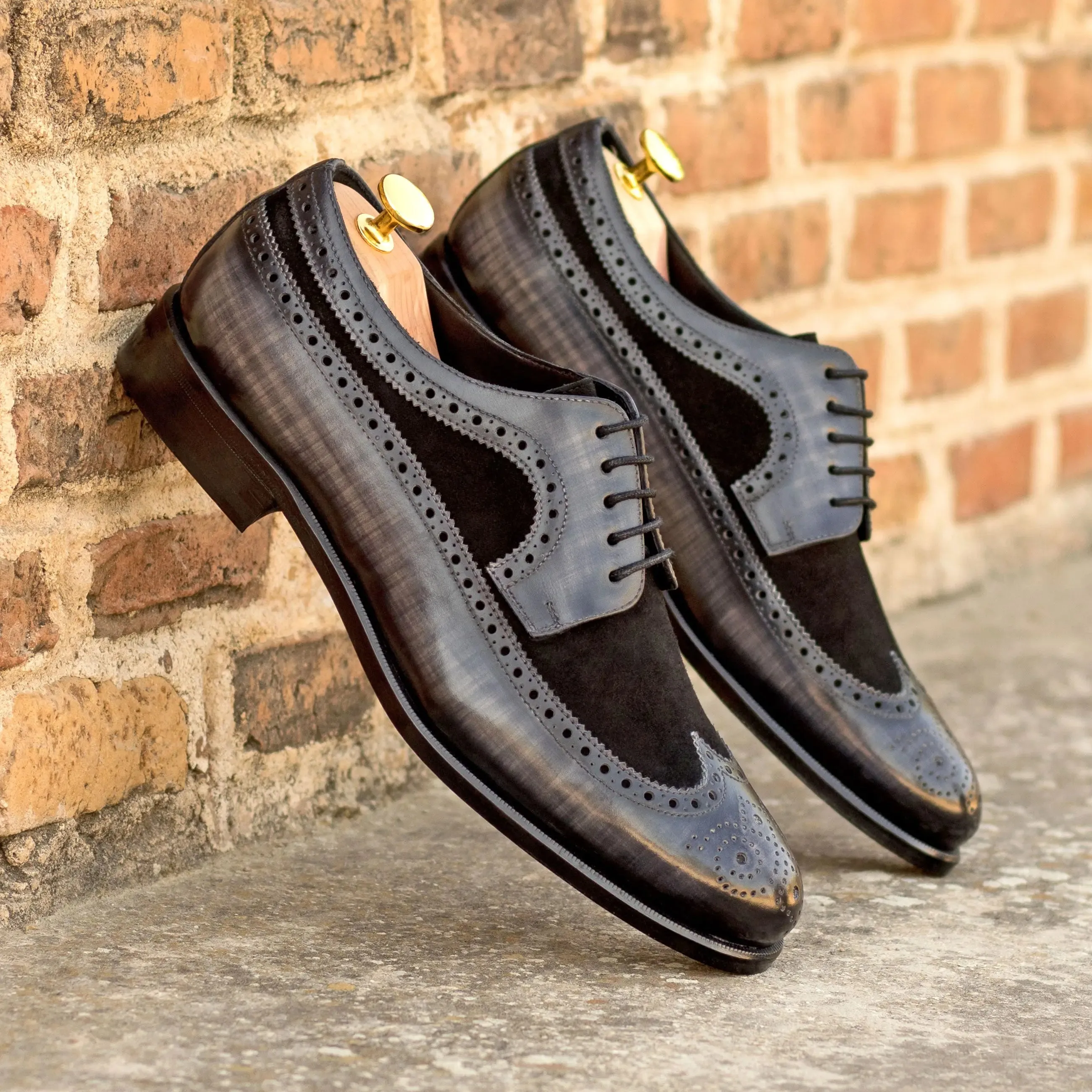DapperFam Zephyr in Black / Grey Men's Italian Suede & Hand-Painted Patina Longwing Blucher