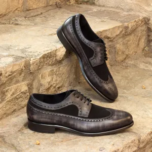 DapperFam Zephyr in Black / Grey Men's Italian Suede & Hand-Painted Patina Longwing Blucher
