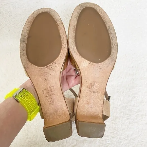 Eileen Fisher Gold &amp; Tan Catch Leather Ankle-Wrap Stacked Heel Sandals Size 8