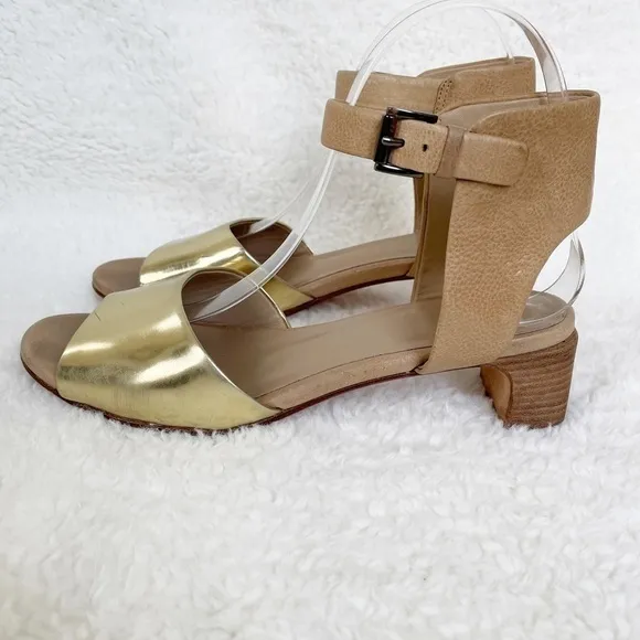 Eileen Fisher Gold &amp; Tan Catch Leather Ankle-Wrap Stacked Heel Sandals Size 8
