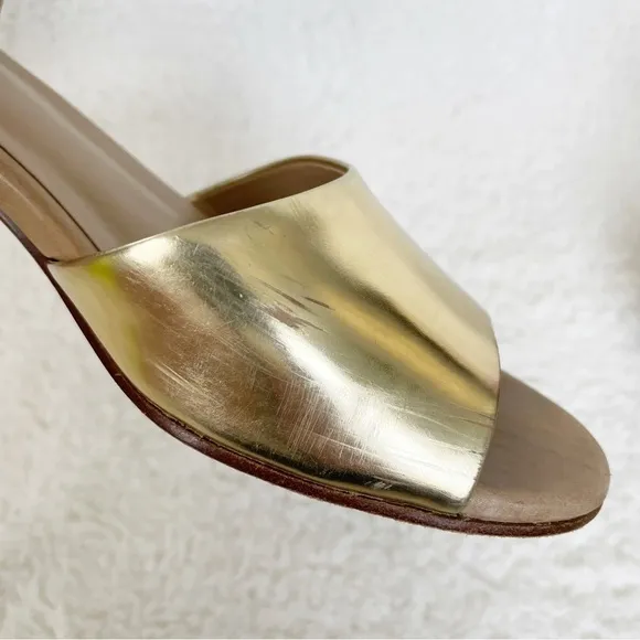 Eileen Fisher Gold &amp; Tan Catch Leather Ankle-Wrap Stacked Heel Sandals Size 8