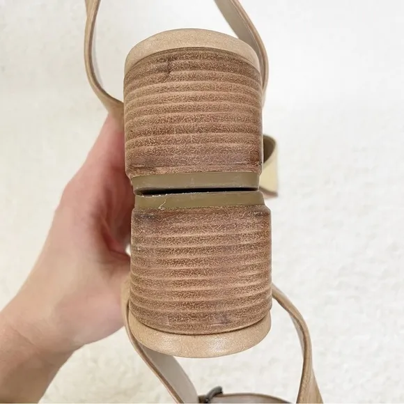 Eileen Fisher Gold &amp; Tan Catch Leather Ankle-Wrap Stacked Heel Sandals Size 8