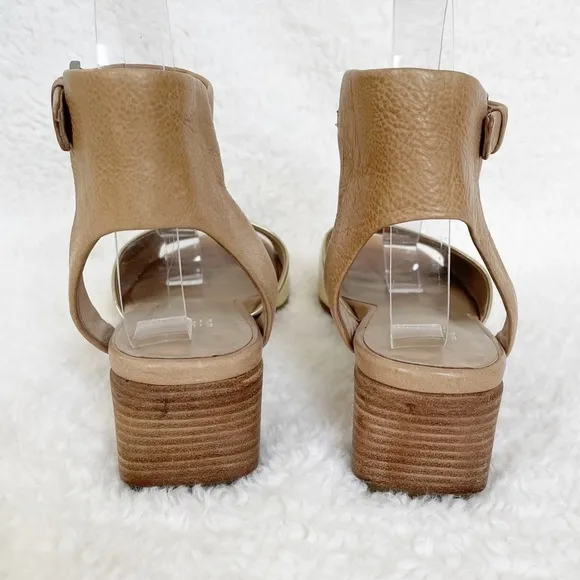 Eileen Fisher Gold &amp; Tan Catch Leather Ankle-Wrap Stacked Heel Sandals Size 8