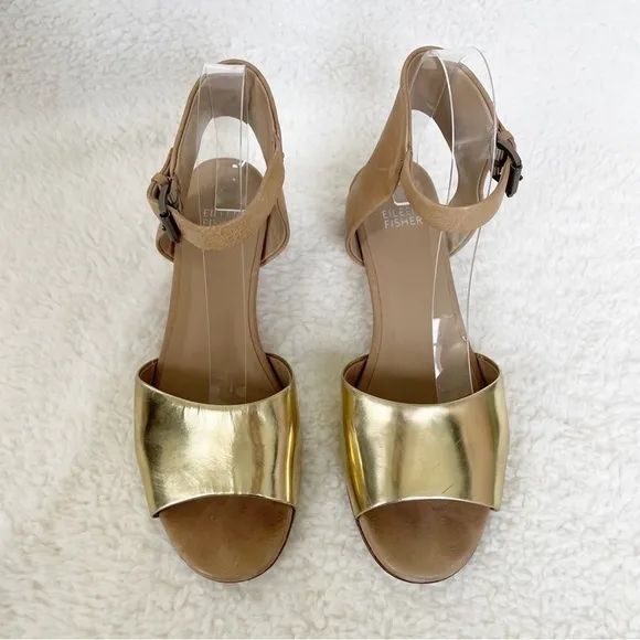 Eileen Fisher Gold &amp; Tan Catch Leather Ankle-Wrap Stacked Heel Sandals Size 8