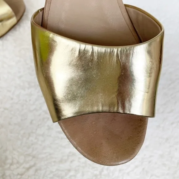 Eileen Fisher Gold &amp; Tan Catch Leather Ankle-Wrap Stacked Heel Sandals Size 8