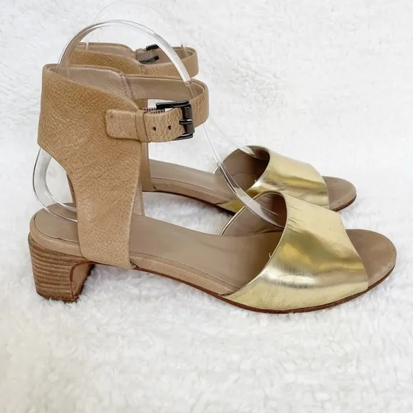 Eileen Fisher Gold &amp; Tan Catch Leather Ankle-Wrap Stacked Heel Sandals Size 8