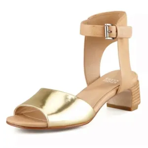 Eileen Fisher Gold &amp; Tan Catch Leather Ankle-Wrap Stacked Heel Sandals Size 8