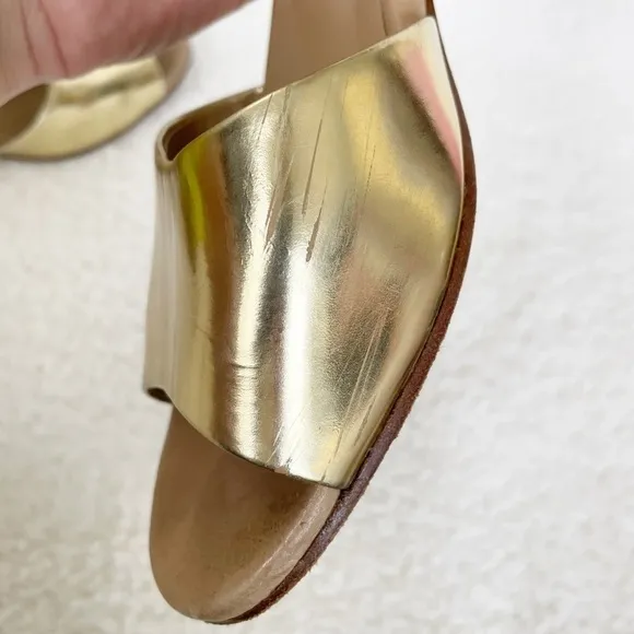Eileen Fisher Gold &amp; Tan Catch Leather Ankle-Wrap Stacked Heel Sandals Size 8