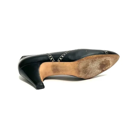 FERRAGAMO | Vintage 1980s dark navy blue white dot brogue slip on pumps