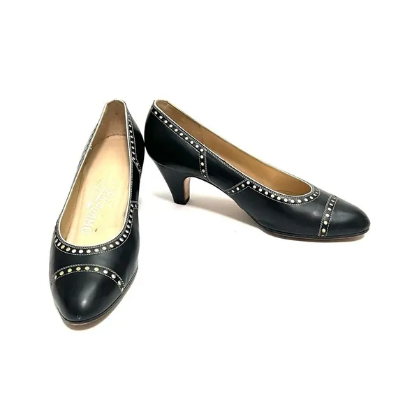 FERRAGAMO | Vintage 1980s dark navy blue white dot brogue slip on pumps