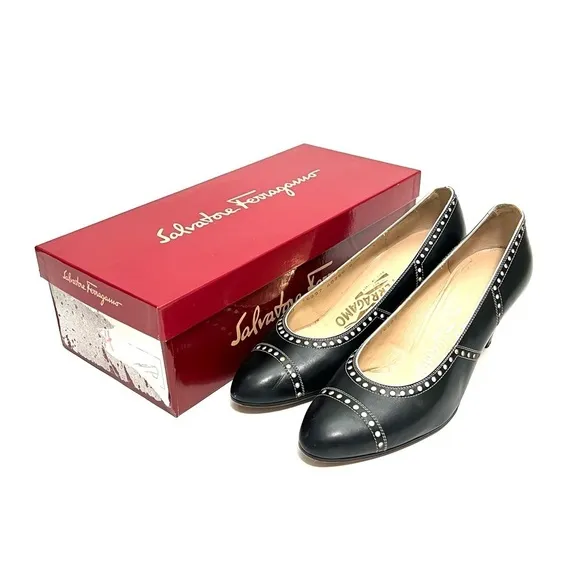 FERRAGAMO | Vintage 1980s dark navy blue white dot brogue slip on pumps