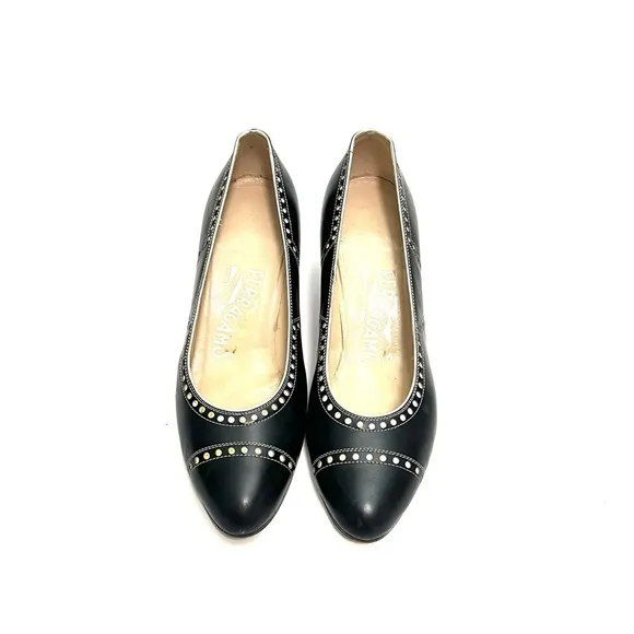 FERRAGAMO | Vintage 1980s dark navy blue white dot brogue slip on pumps