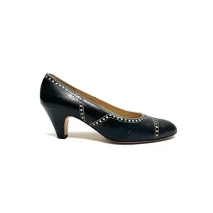 FERRAGAMO | Vintage 1980s dark navy blue white dot brogue slip on pumps