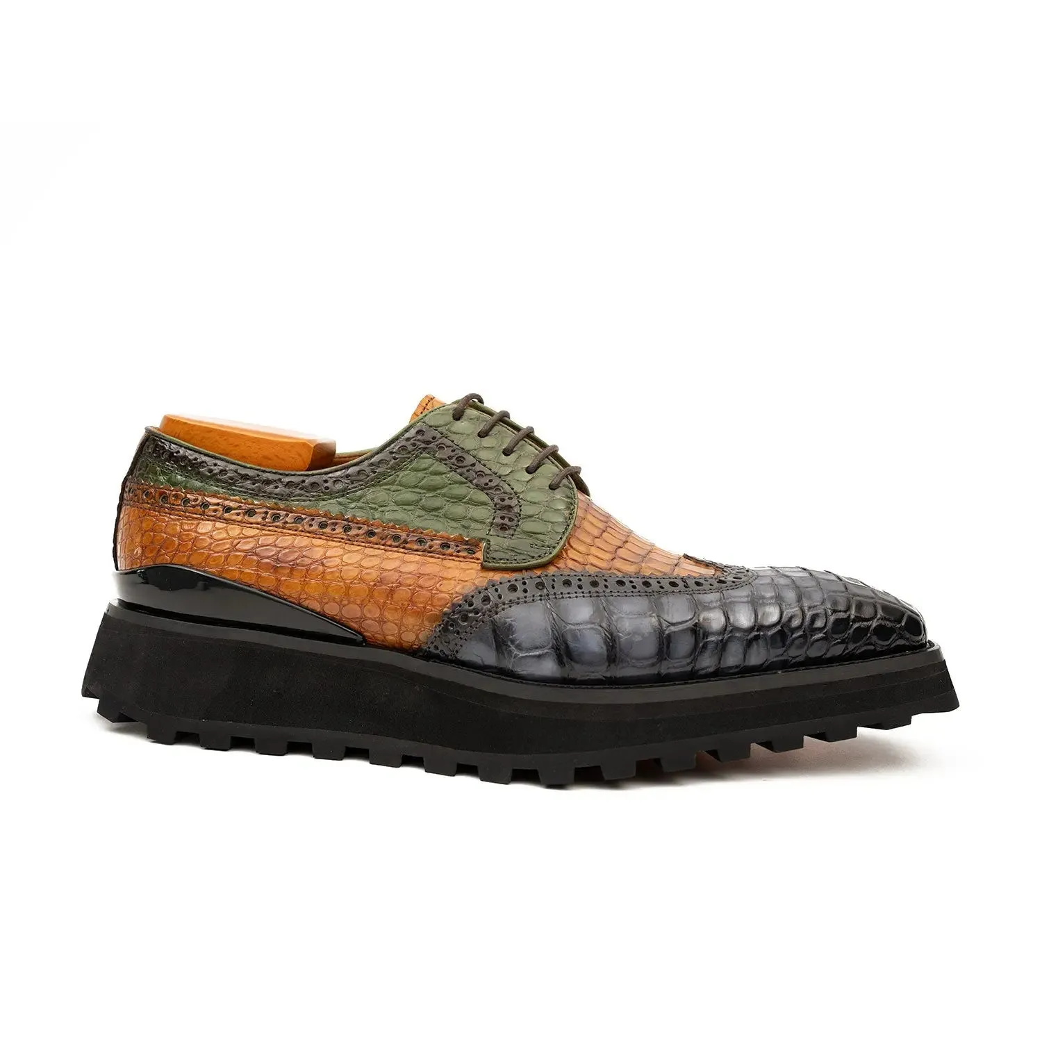 Genuine Crocodile Leather Handmade Grey Brown Brogue Shoes