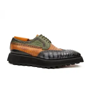 Genuine Crocodile Leather Handmade Grey Brown Brogue Shoes