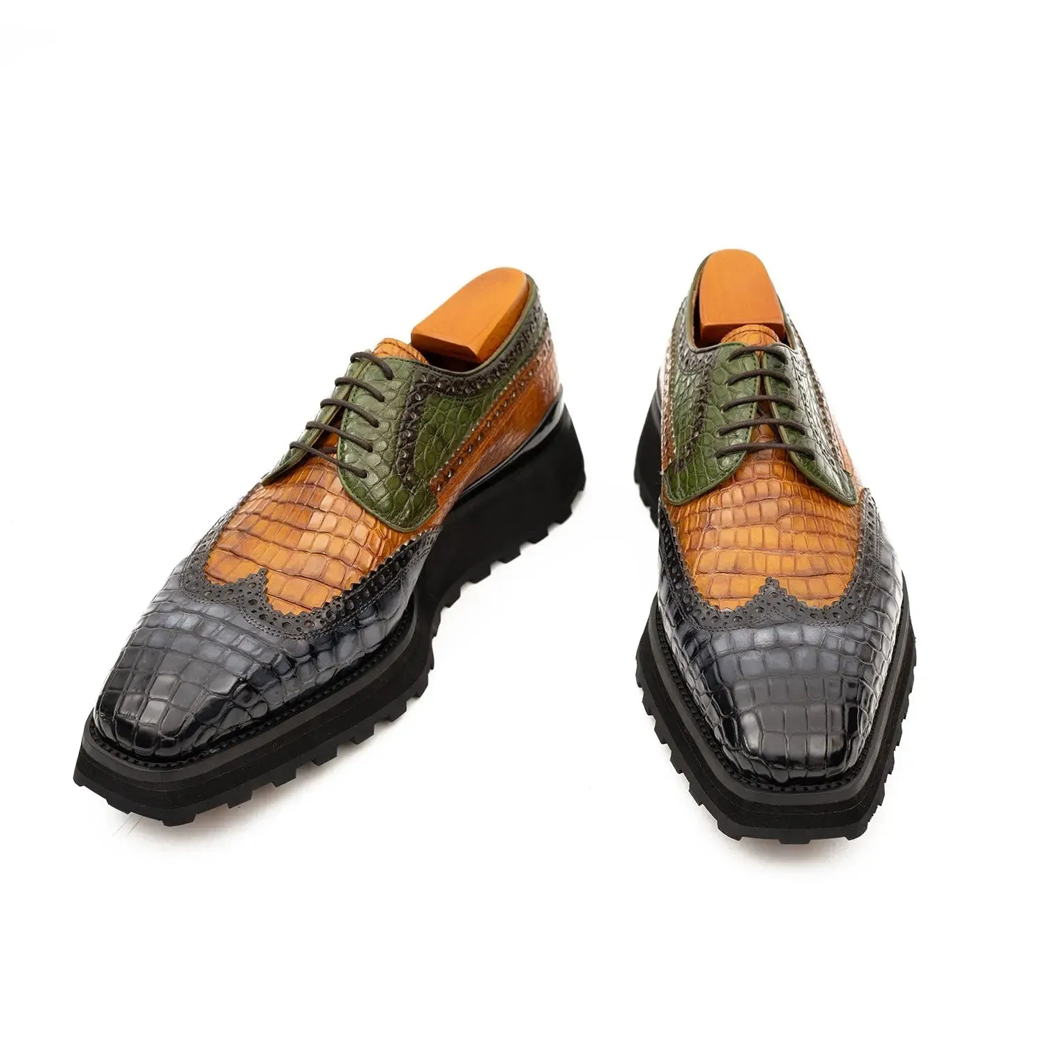 Genuine Crocodile Leather Handmade Grey Brown Brogue Shoes