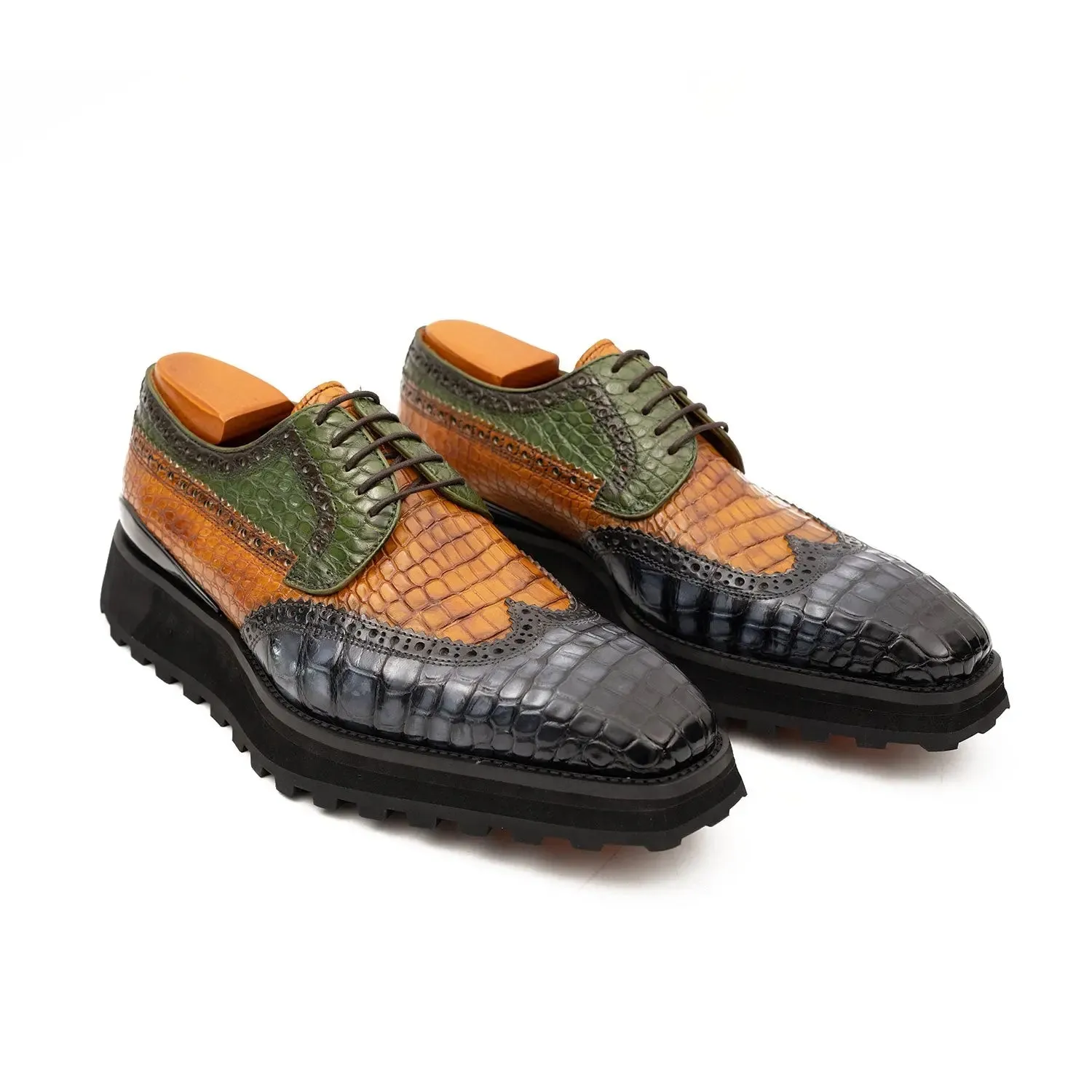 Genuine Crocodile Leather Handmade Grey Brown Brogue Shoes