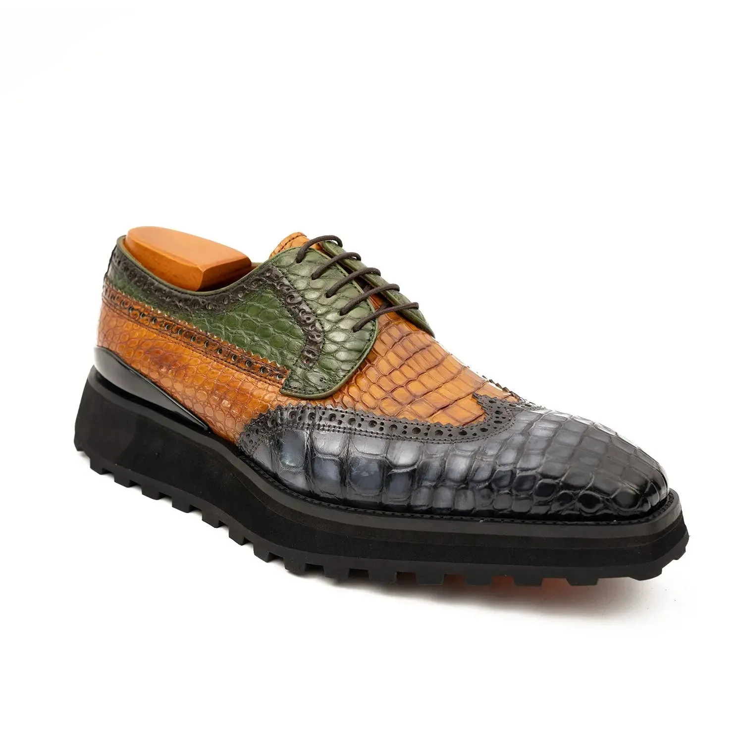 Genuine Crocodile Leather Handmade Grey Brown Brogue Shoes