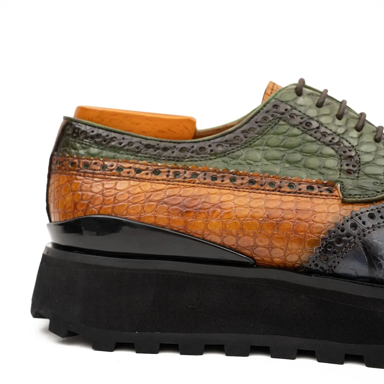 Genuine Crocodile Leather Handmade Grey Brown Brogue Shoes