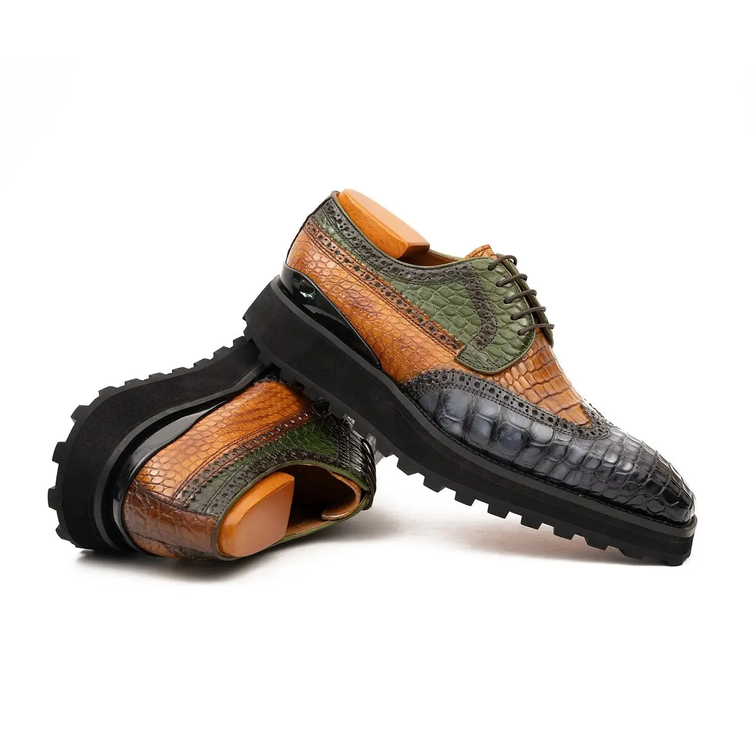 Genuine Crocodile Leather Handmade Grey Brown Brogue Shoes