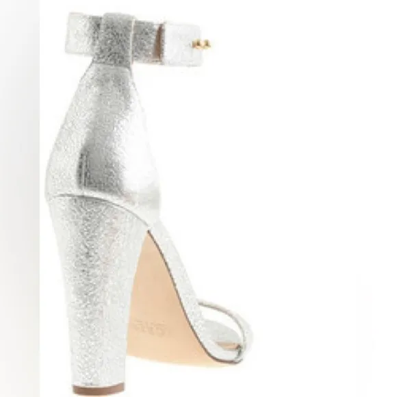 J. Crew Lanie Crackled Metallic Leather Stacked Heel Sandals in Silver Size 10.