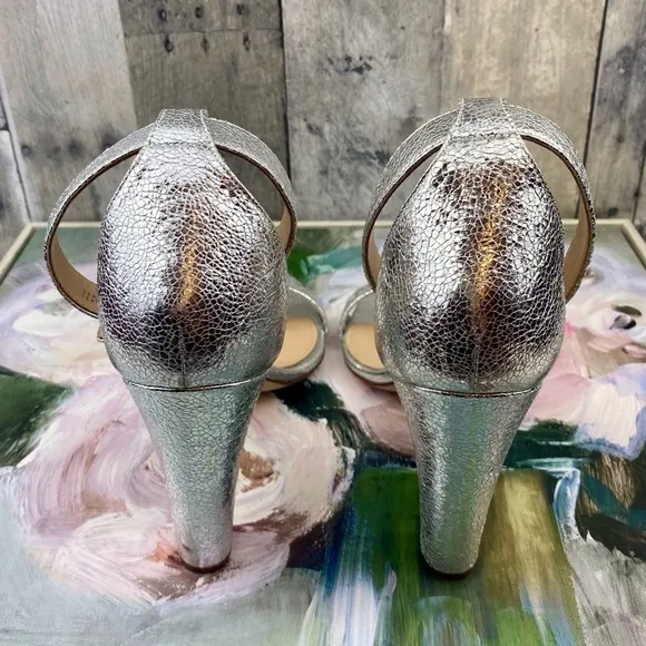 J. Crew Lanie Crackled Metallic Leather Stacked Heel Sandals in Silver Size 10.