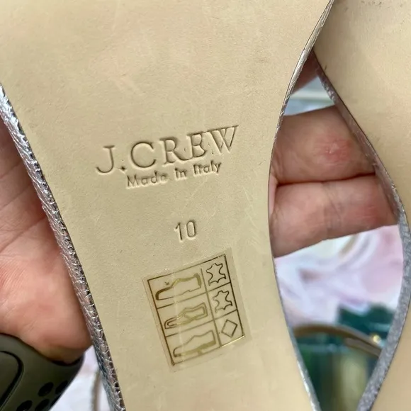 J. Crew Lanie Crackled Metallic Leather Stacked Heel Sandals in Silver Size 10.