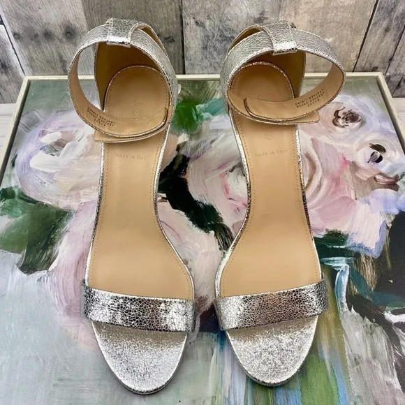 J. Crew Lanie Crackled Metallic Leather Stacked Heel Sandals in Silver Size 10.