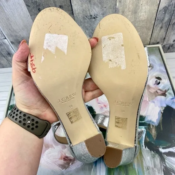 J. Crew Lanie Crackled Metallic Leather Stacked Heel Sandals in Silver Size 10.