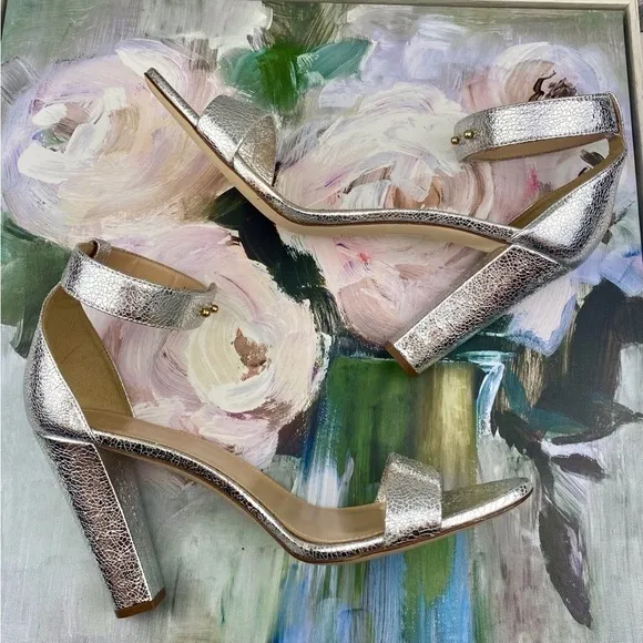 J. Crew Lanie Crackled Metallic Leather Stacked Heel Sandals in Silver Size 10.