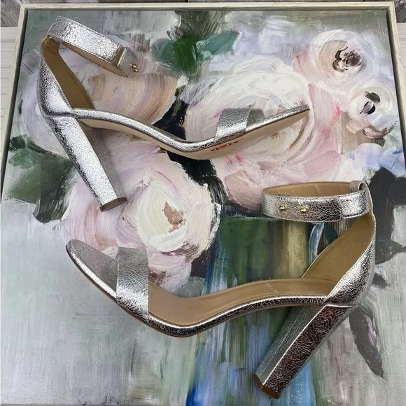 J. Crew Lanie Crackled Metallic Leather Stacked Heel Sandals in Silver Size 10.