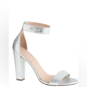 J. Crew Lanie Crackled Metallic Leather Stacked Heel Sandals in Silver Size 10.