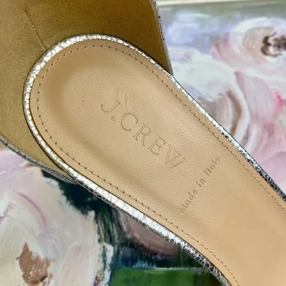 J. Crew Lanie Crackled Metallic Leather Stacked Heel Sandals in Silver Size 10.
