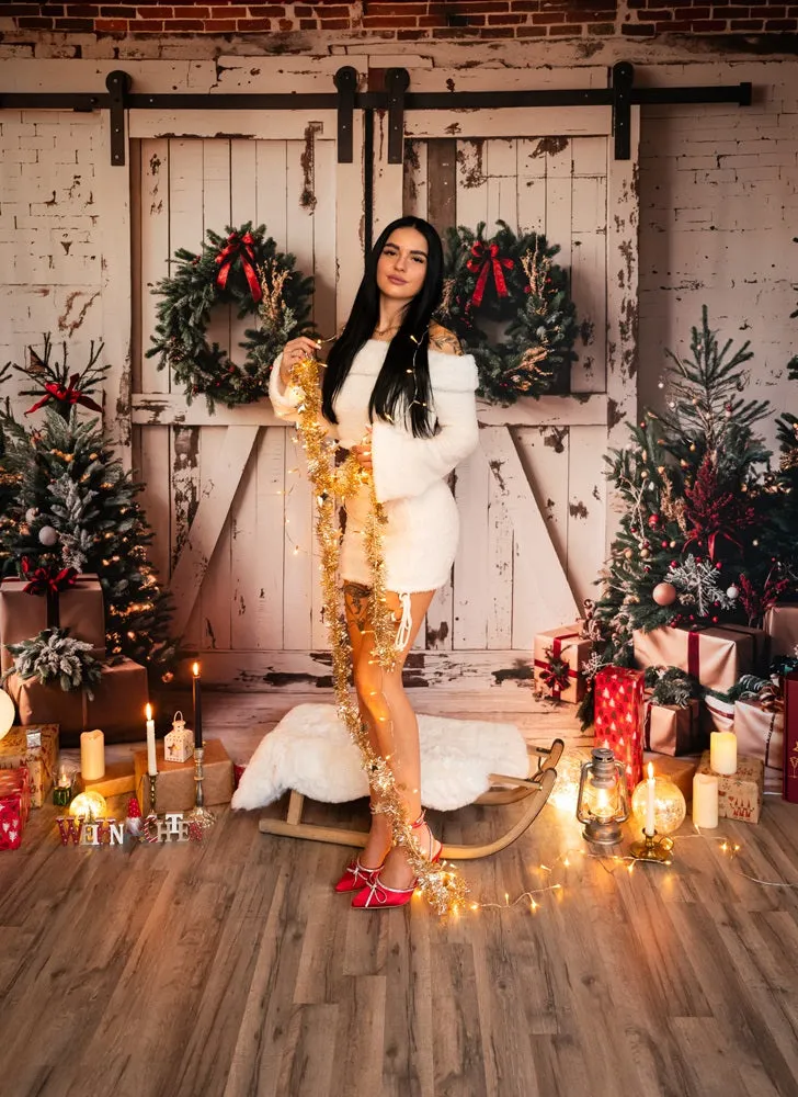 Kate Christmas White Shabby Barn Door Fleece Backdrop Designed by Emetselch