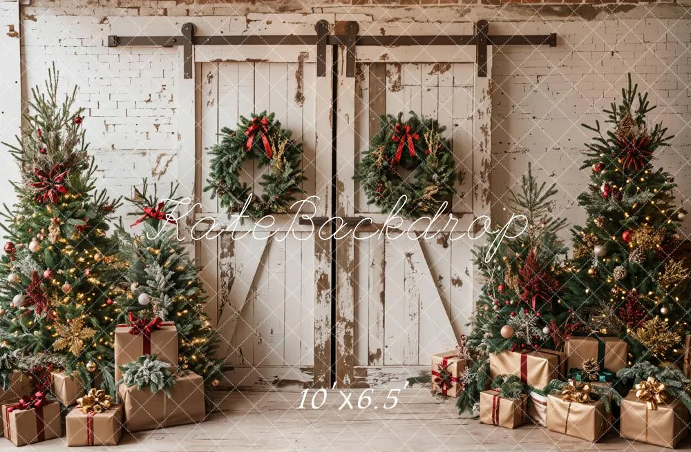 Kate Christmas White Shabby Barn Door Fleece Backdrop Designed by Emetselch
