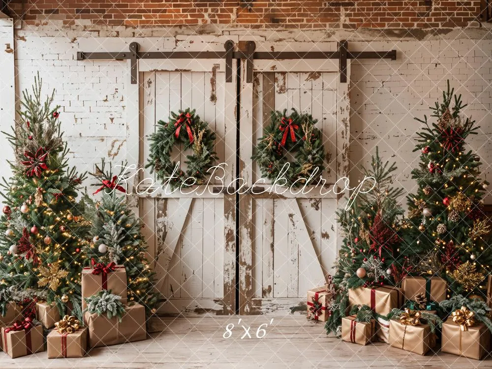 Kate Christmas White Shabby Barn Door Fleece Backdrop Designed by Emetselch