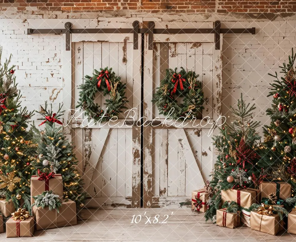Kate Christmas White Shabby Barn Door Fleece Backdrop Designed by Emetselch